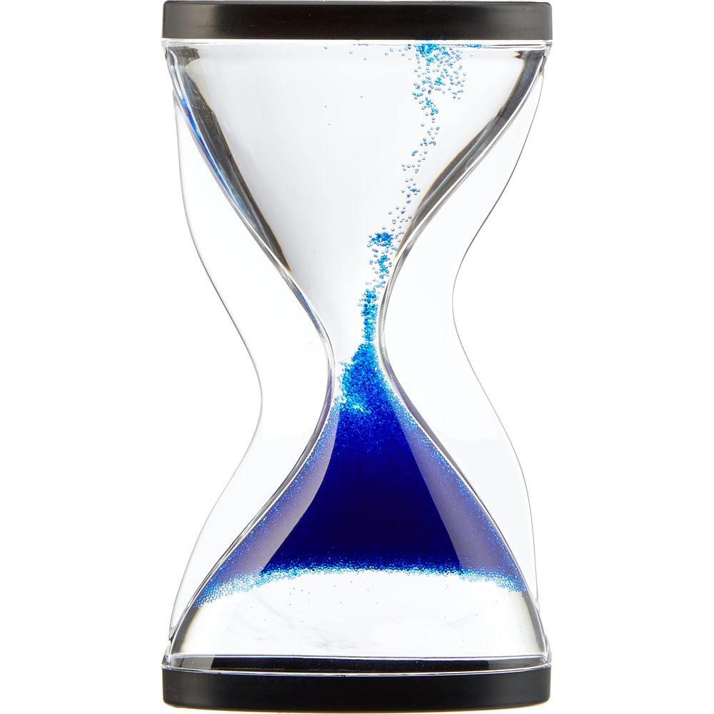 Una clessidra con sabbia liquida blu che scorre verso il basso.