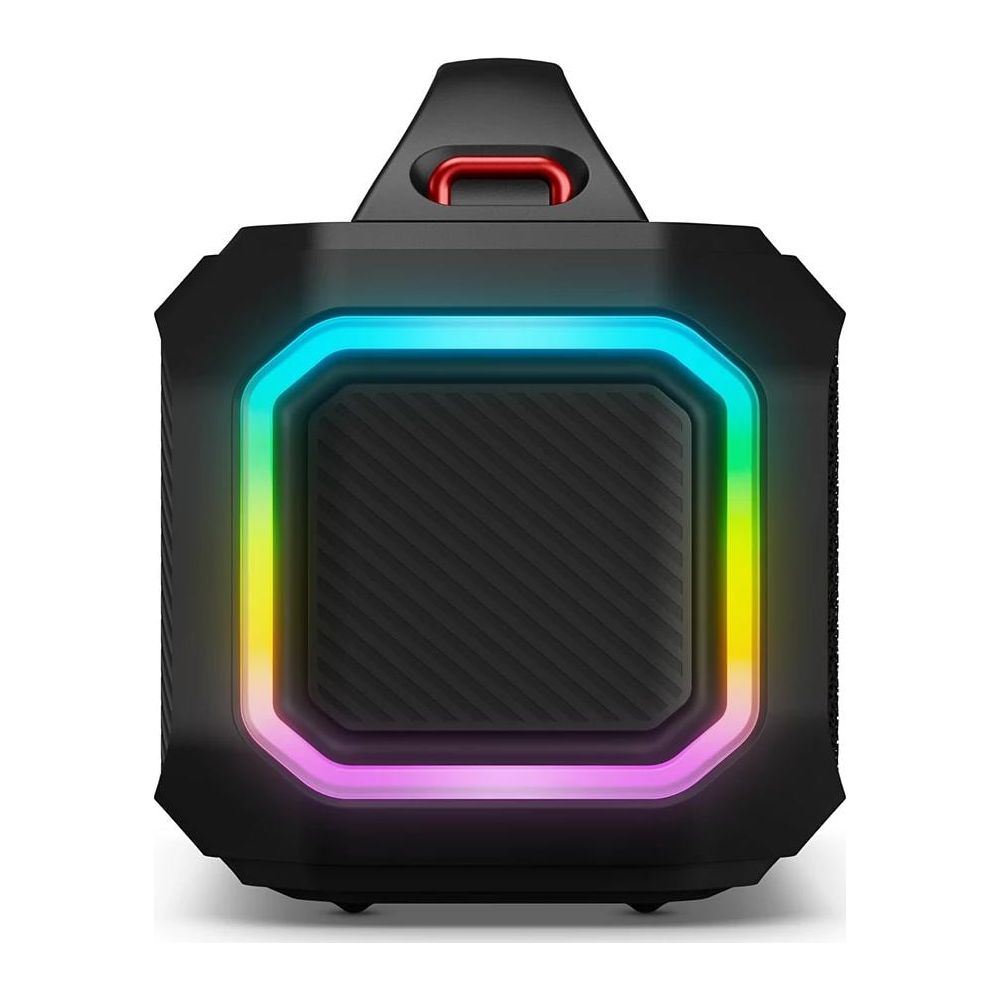 Black speaker with colorful LED lighting and a handle.