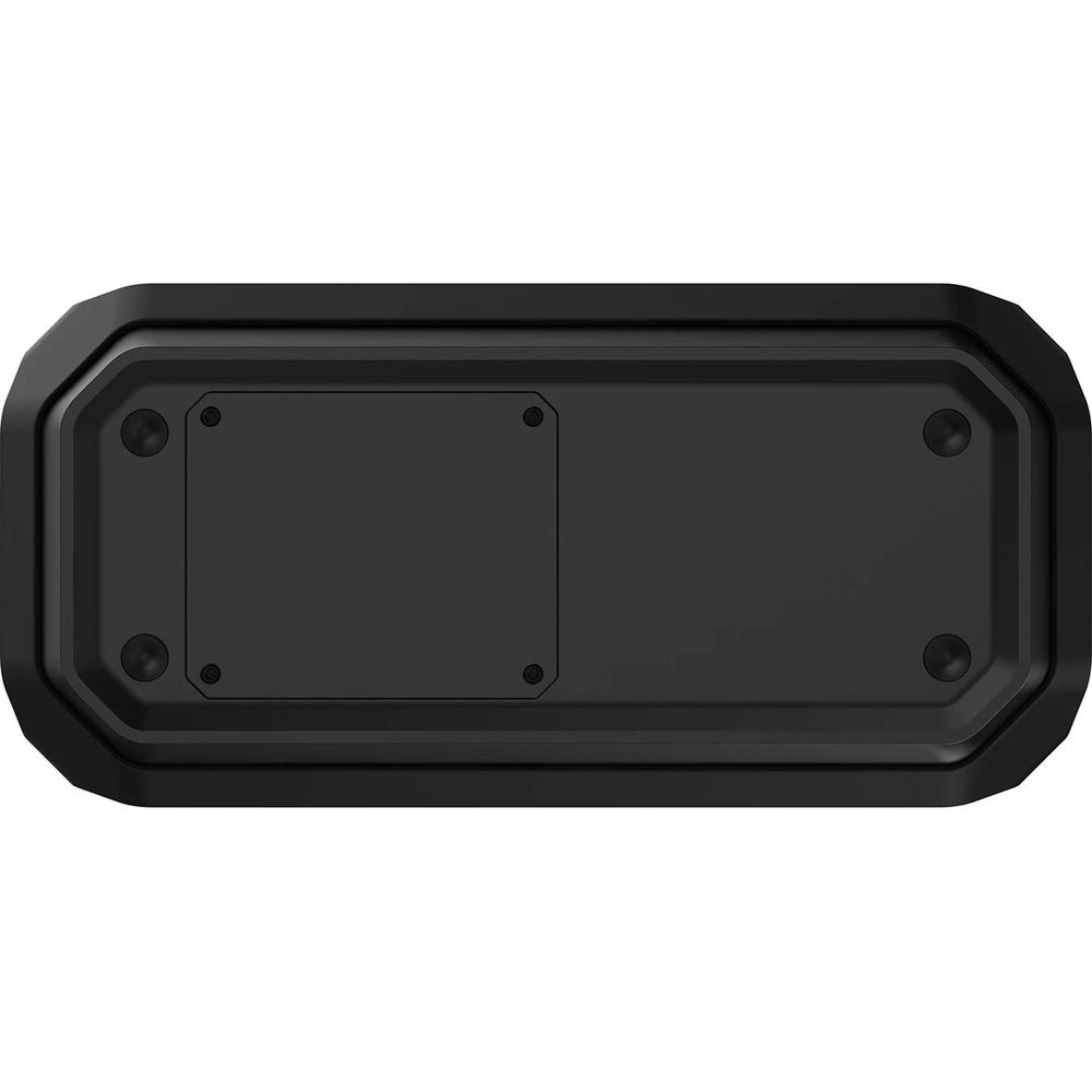 Black rectangular object with rounded corners and screws.