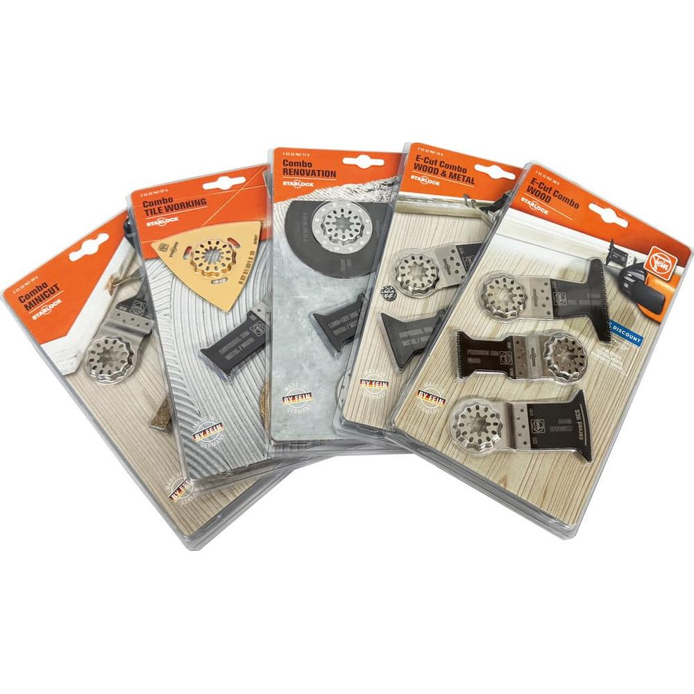 Fünf Oscillation Werkzeug Klingen-Sets in Blisterpackungen, verschieden geformt.