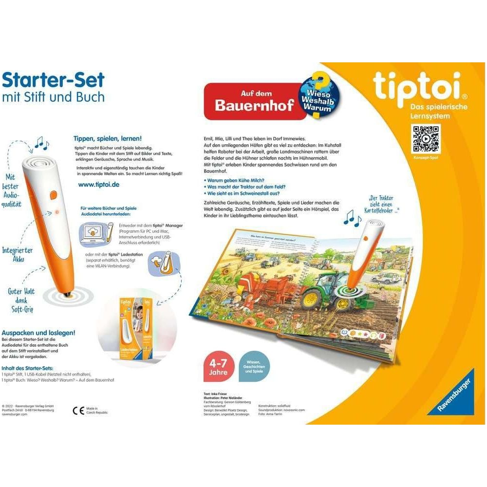 Starter-Set mit tiptoi Stift und Bauernhof-Buch. Zeigt den Stift, das Buch und Infos zum Lernsystem.