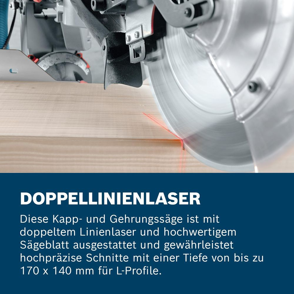 Eine Kapp- und Gehrungssäge mit Doppellinienlaser schneidet Holz.