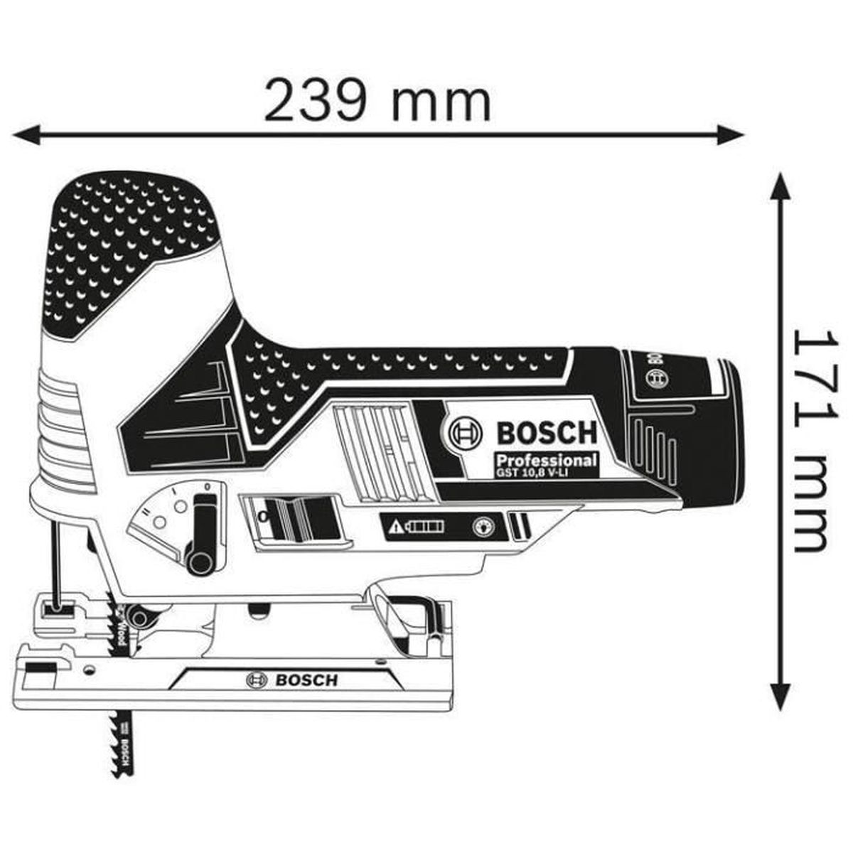Wyrzynarka Bosch GST 10,8 V-LI, dł. 239mm, wys. 171mm.