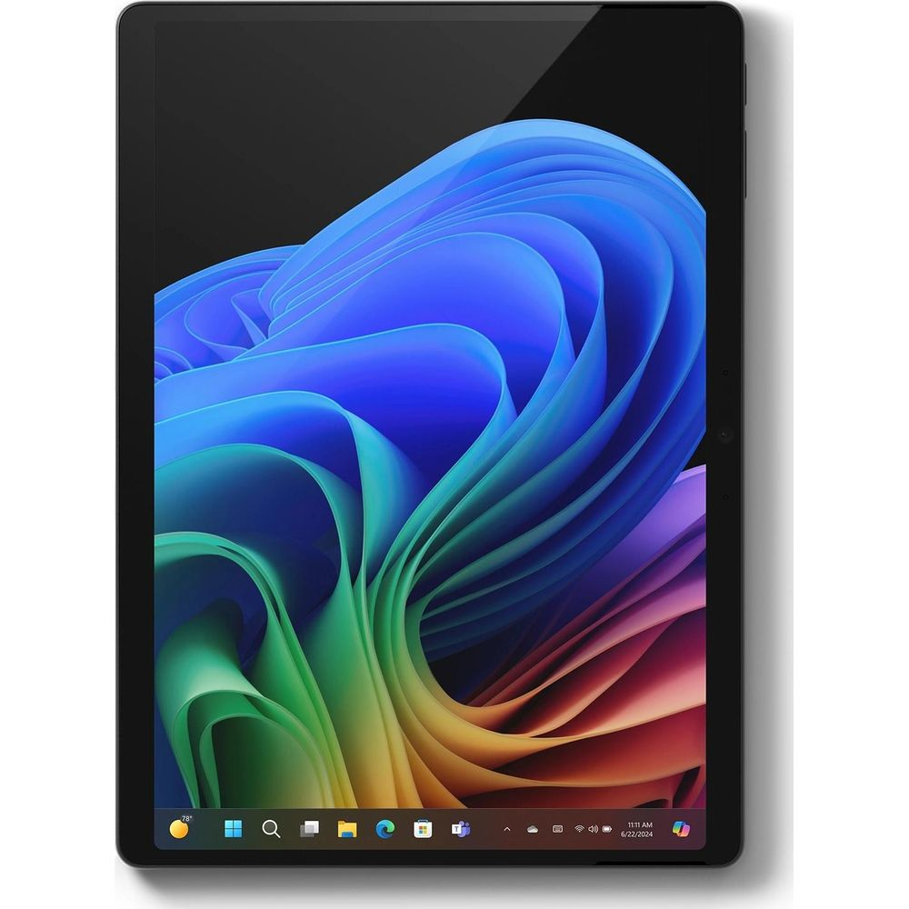 Tablet z abstrakcyjną, kolorową tapetą i paskiem zadań.