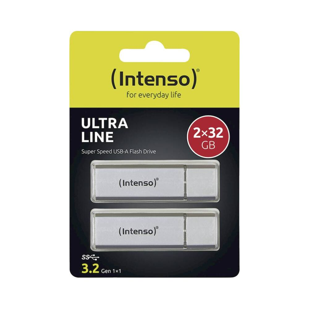 Opakowanie dwóch pendrive'ów Intenso Ultra Line, 32 GB każdy, srebrne.