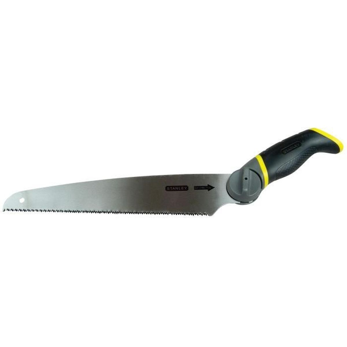 Sarı aksanlı, siyah saplı, tırtıklı metal testere.