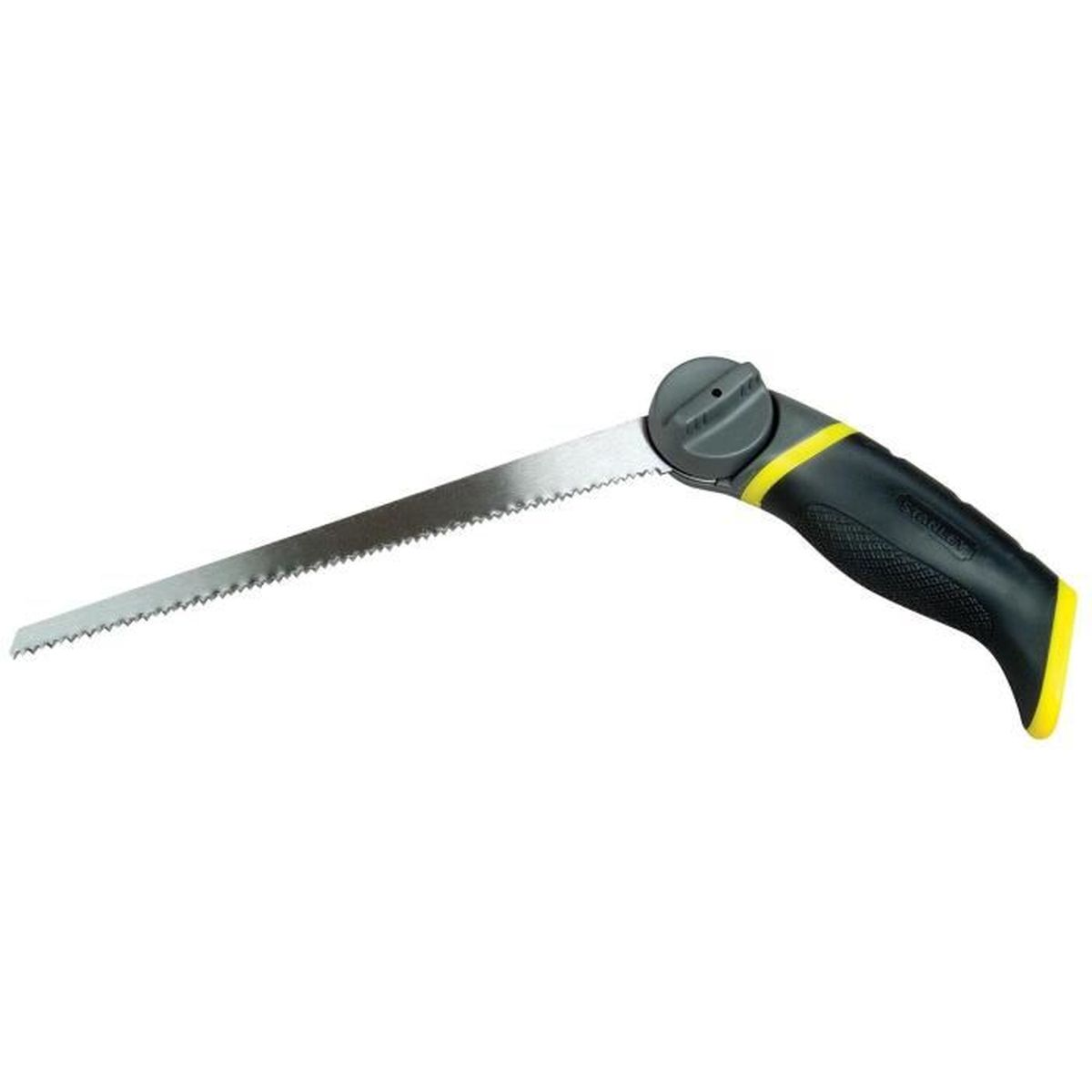 Siyah saplı, sarı aksanlı ve metal bıçaklı katlanır testere.