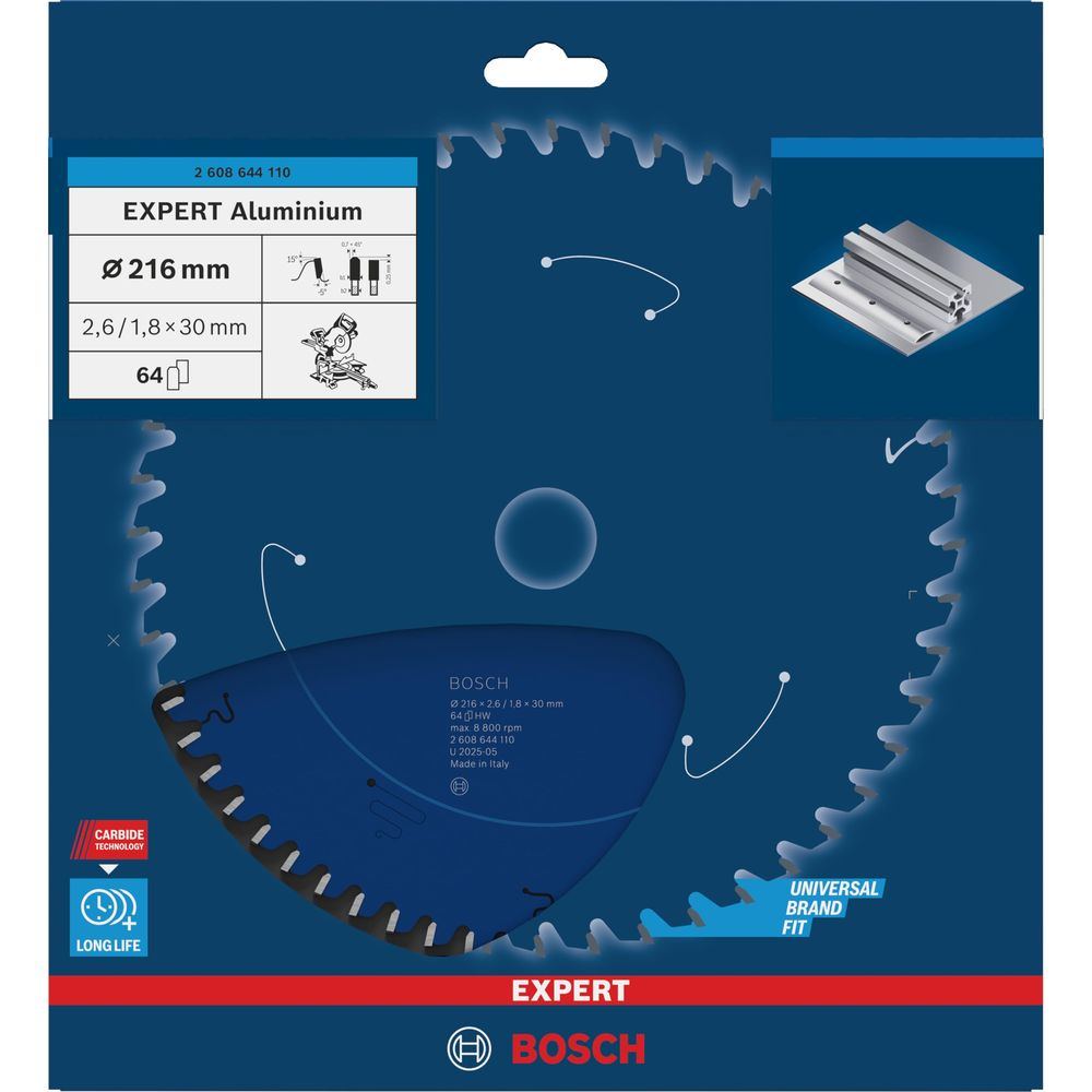 Bosch Expert Alüminyum testere bıçağı, 216mm, 64 dişli, uzun ömürlü.