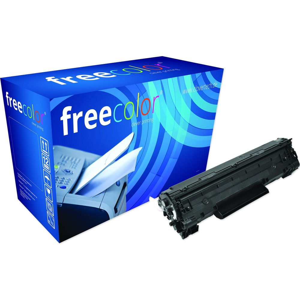 Una scatola blu con 'freecolor' e una grafica di stampante accanto a una cartuccia toner nera.