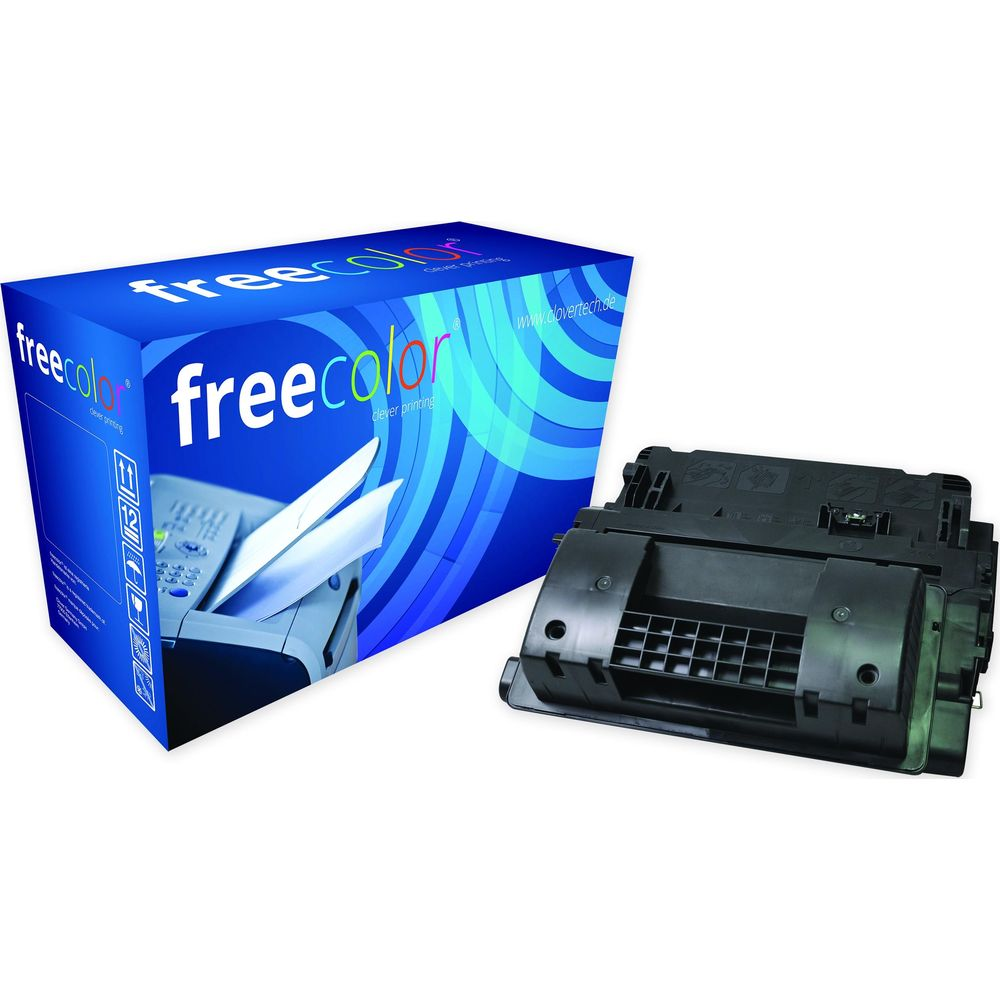 Un toner nero e una scatola blu con logo "freecolor" e immagine stampante.