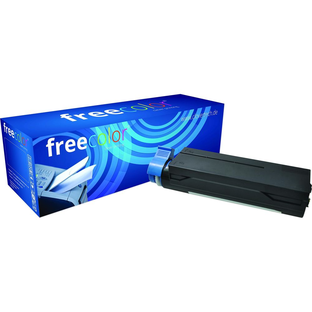 Czarny wkład tonera obok niebieskiego pudełka z logo "freecolor".