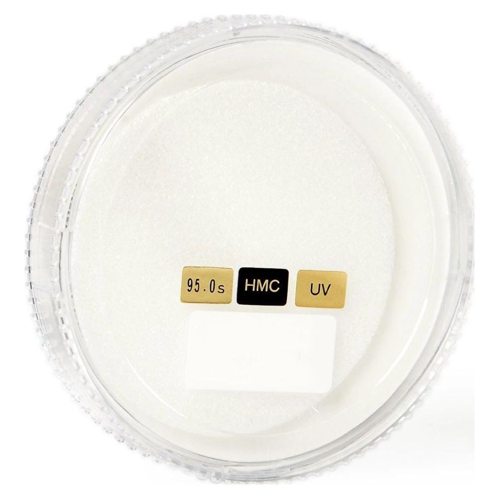 A clear container with white contents and labels: 95.0s, HMC, UV.