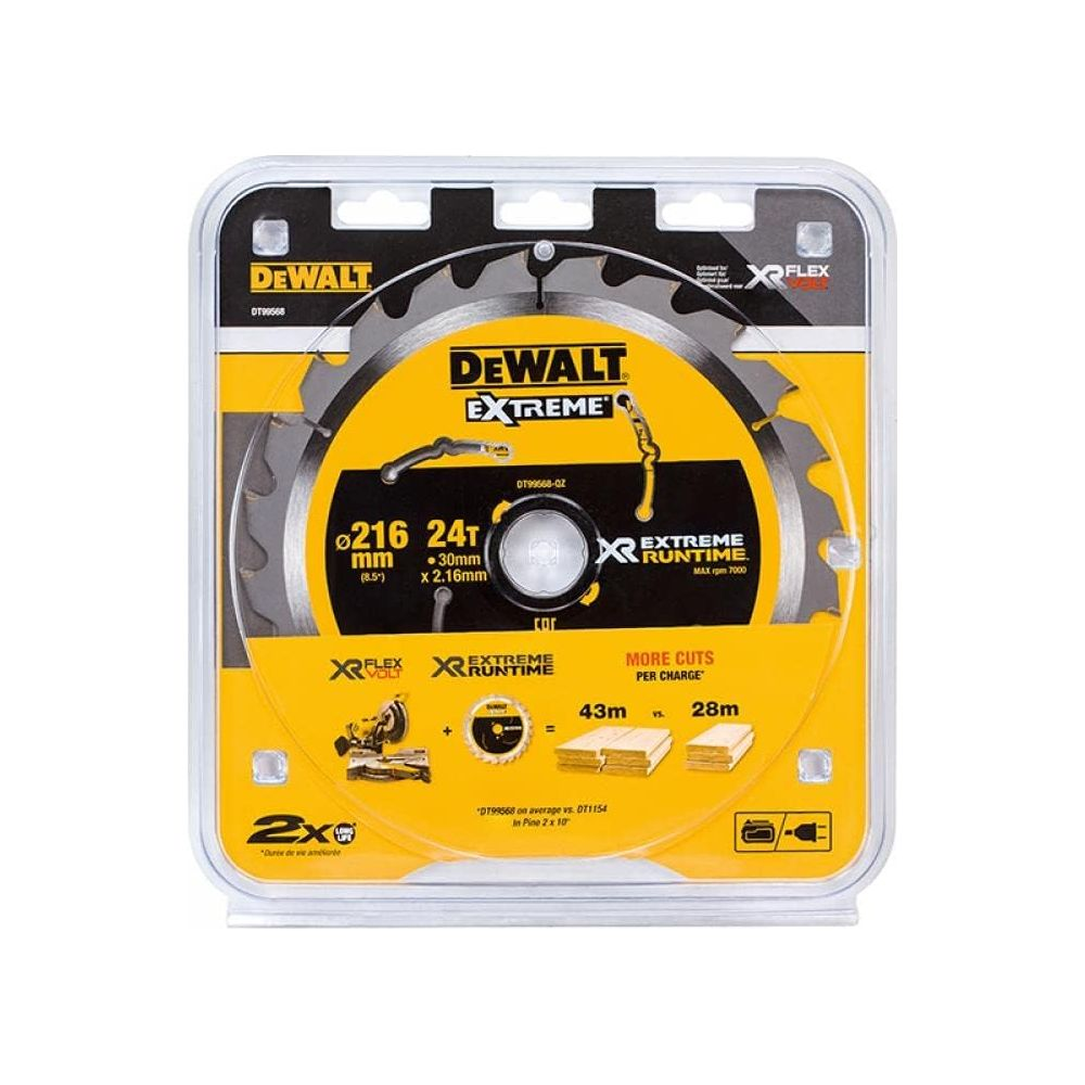 Hoja de sierra circular DeWalt 216mm, 24 dientes, para madera, en caja.
