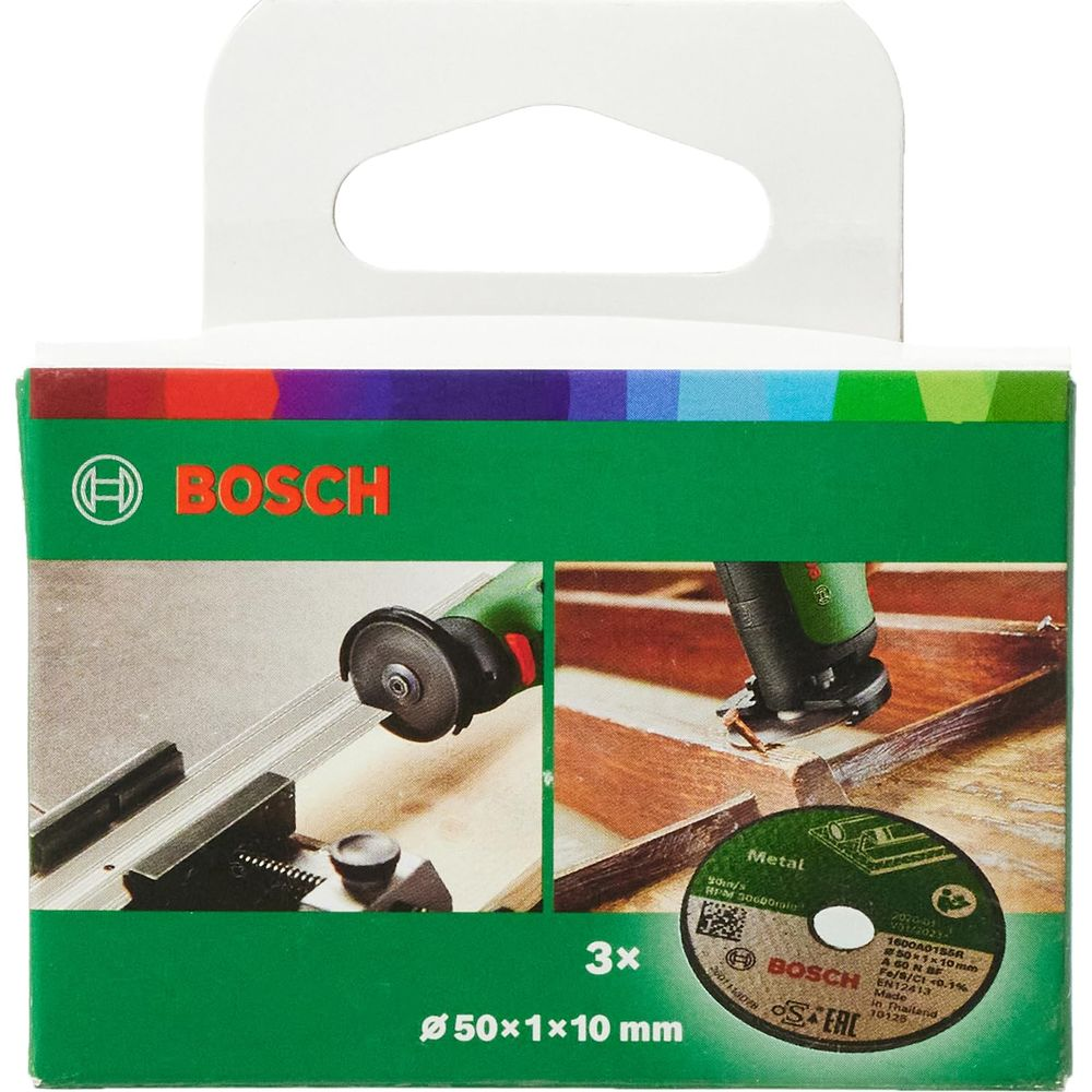 Bosch-Verpackung mit drei Metalltrennscheiben, 50x1x10 mm.