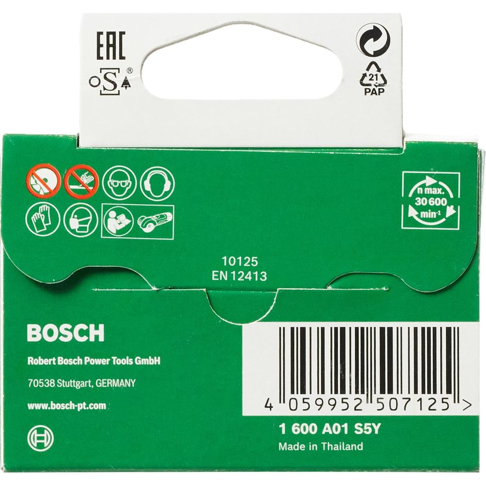Grünes Bosch-Verpackungsdesign mit Symbolen und Produktinformationen.
