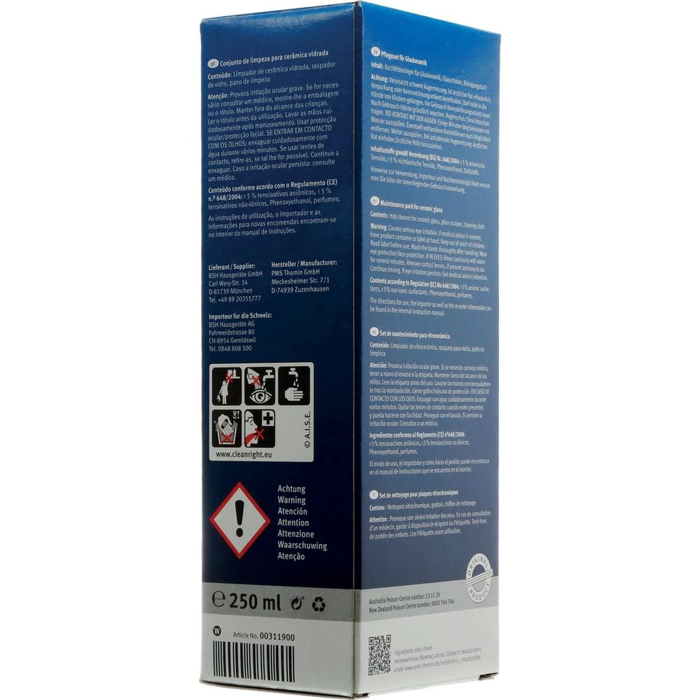 Kit di pulizia per vetroceramica con avvertenze, ingredienti e recapiti.