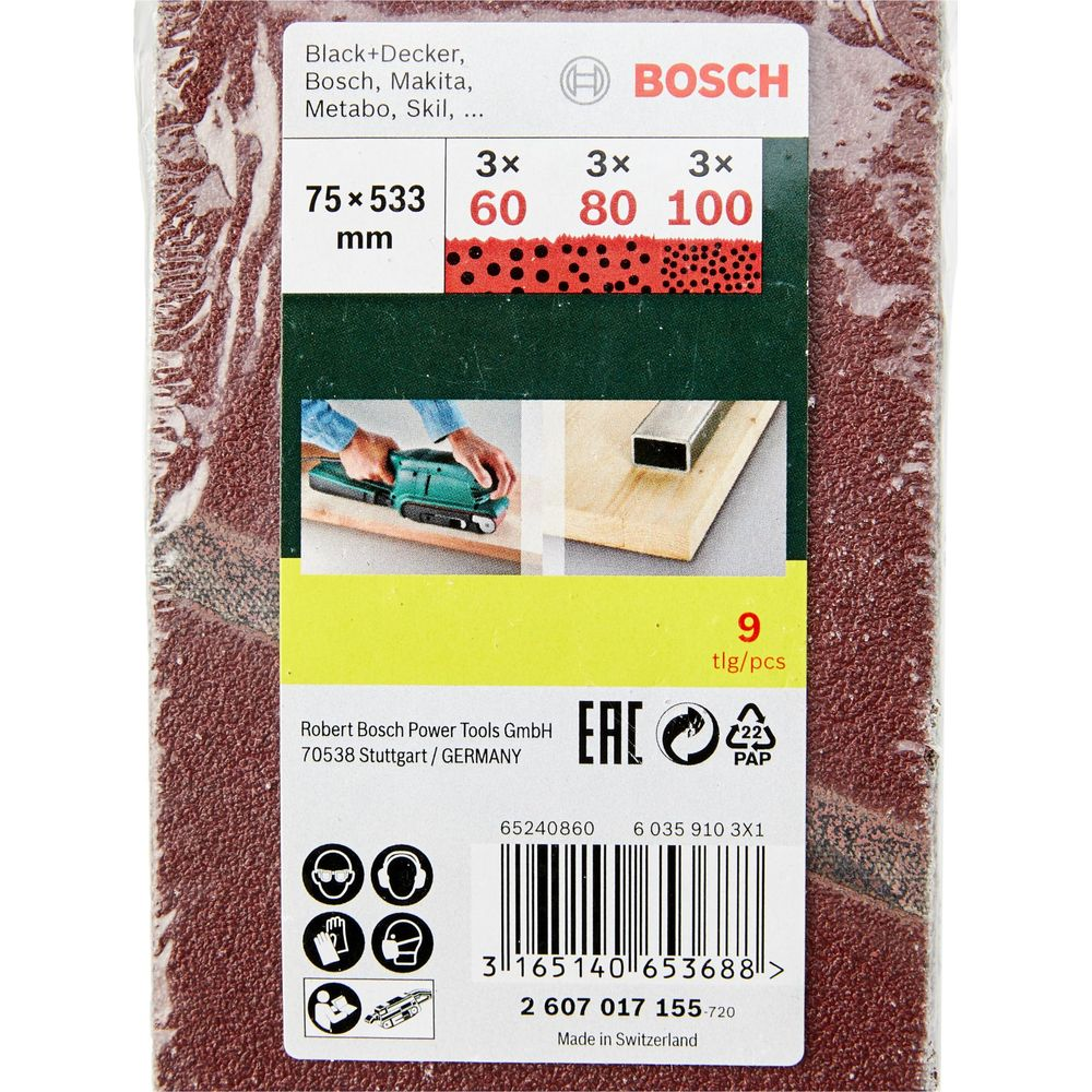 Schuurpapier Bosch, 75x533mm, 9 stuks, met korrels 60, 80, 100.
