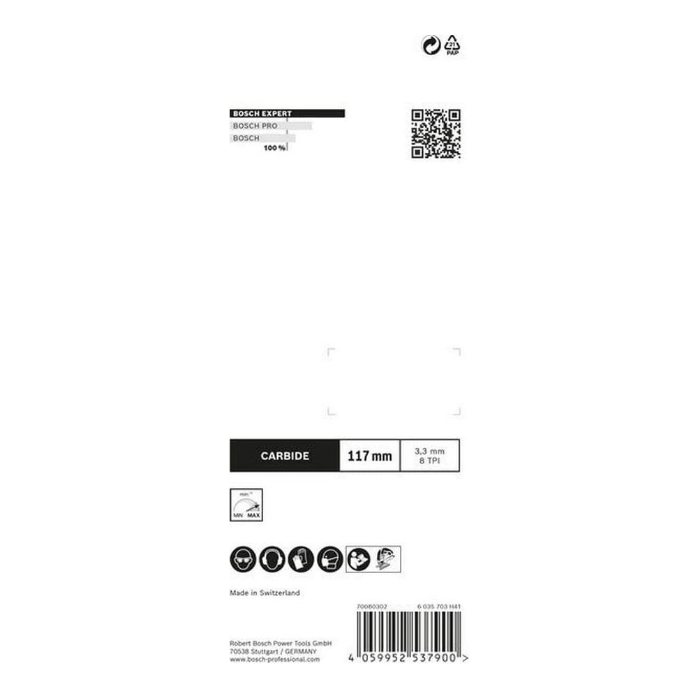Brzeszczot Bosch Expert 117mm, 3.3mm 8 TPI, Węglikowy, Wyprodukowano w Szwajcarii.