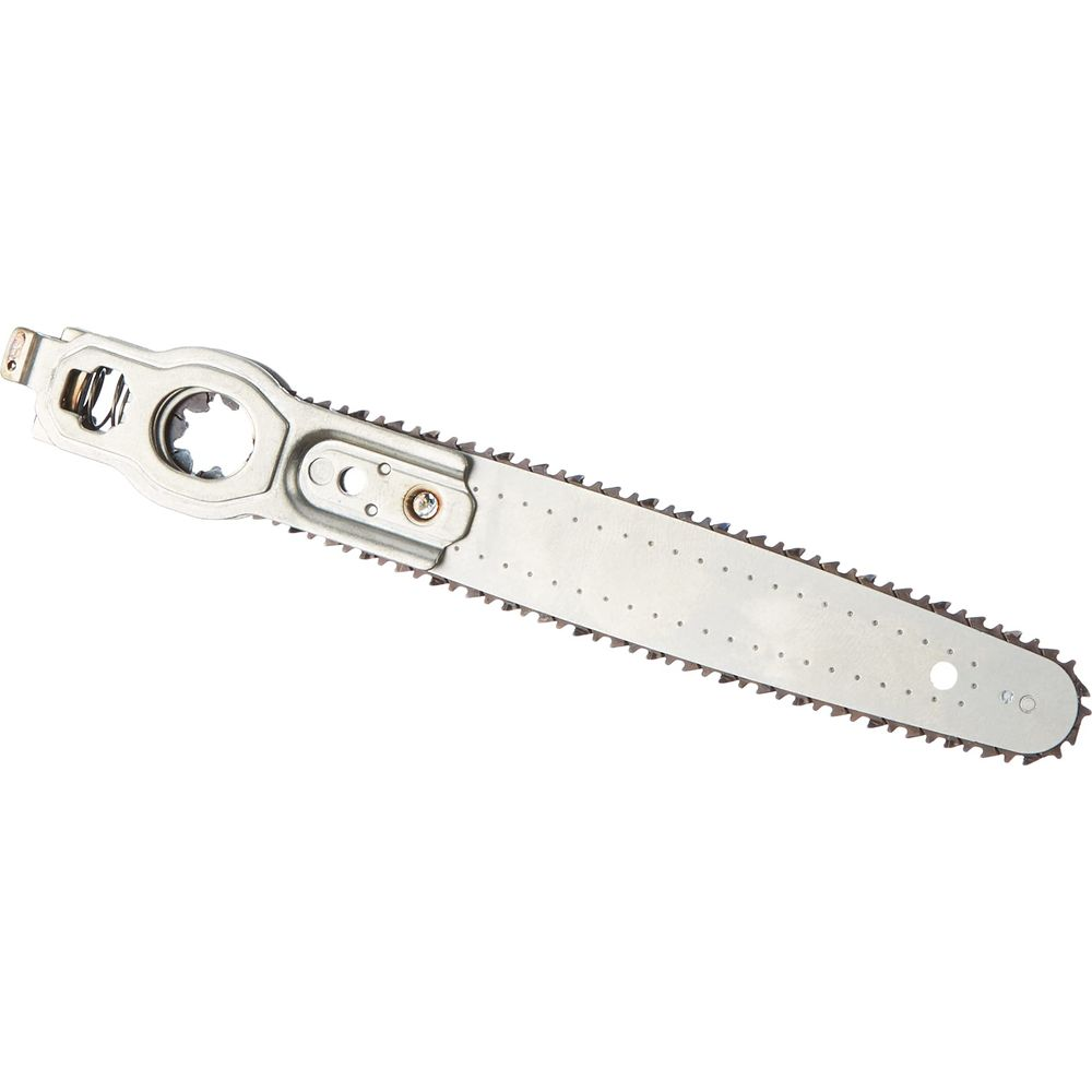 Srebrna prowadnica piły łańcuchowej z zębami i punktami mocowania.