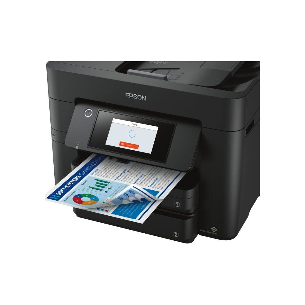 Czarna drukarka Epson z panelem sterowania i wychodzącym papierem.