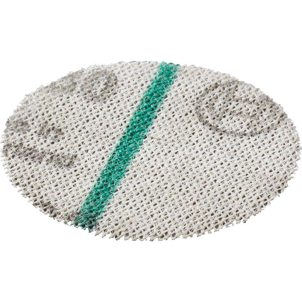 Un filtro de malla redondo y blanco con una franja verde en el medio.