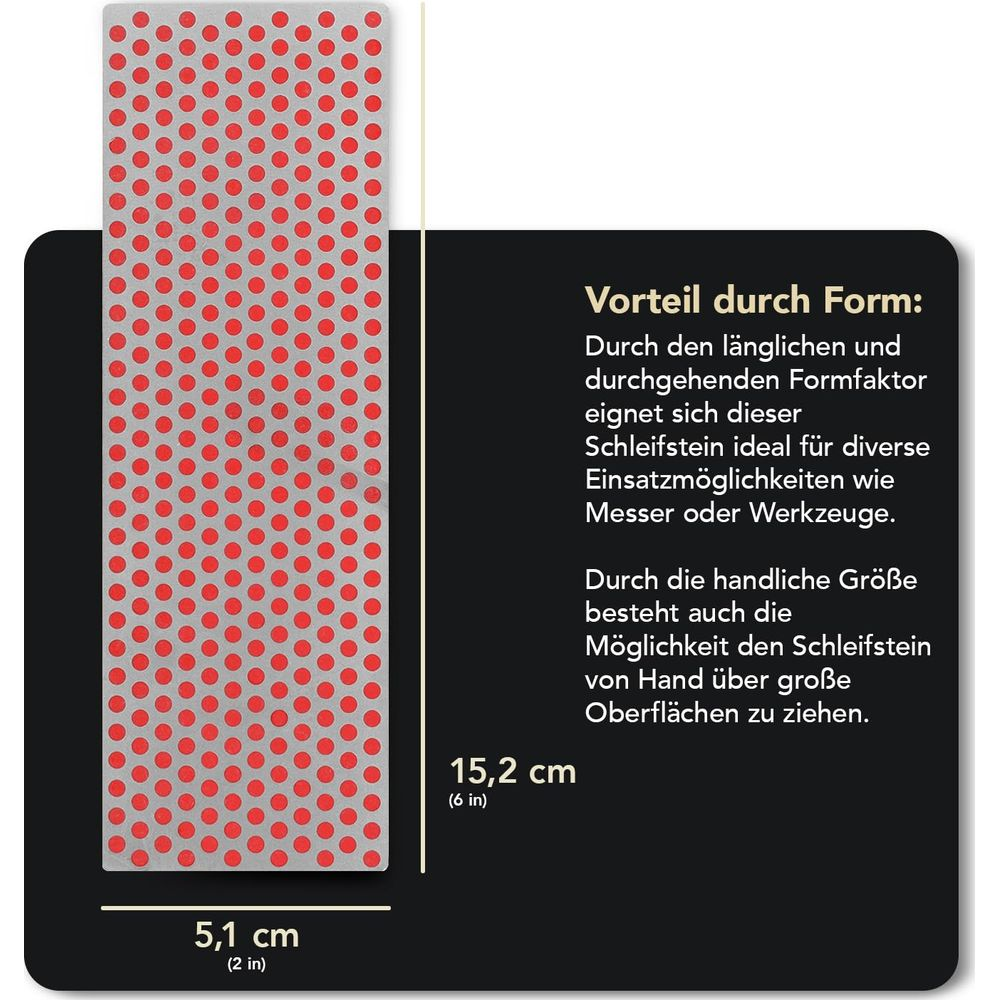 Schleifstein mit rotem Punktmuster. Maße: 5,1 cm x 15,2 cm.