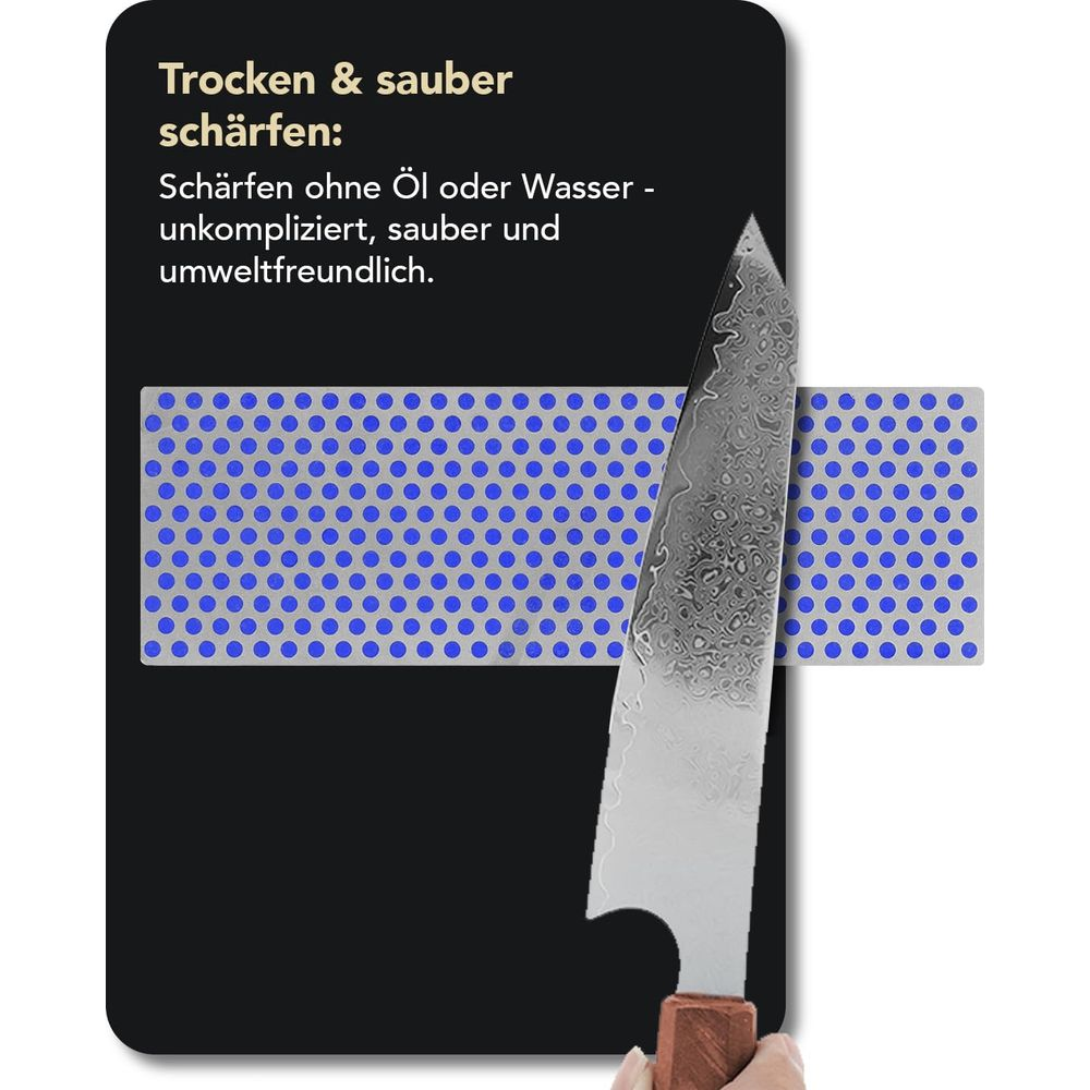 Ein Messer wird trocken und sauber geschärft, ohne Öl oder Wasser.