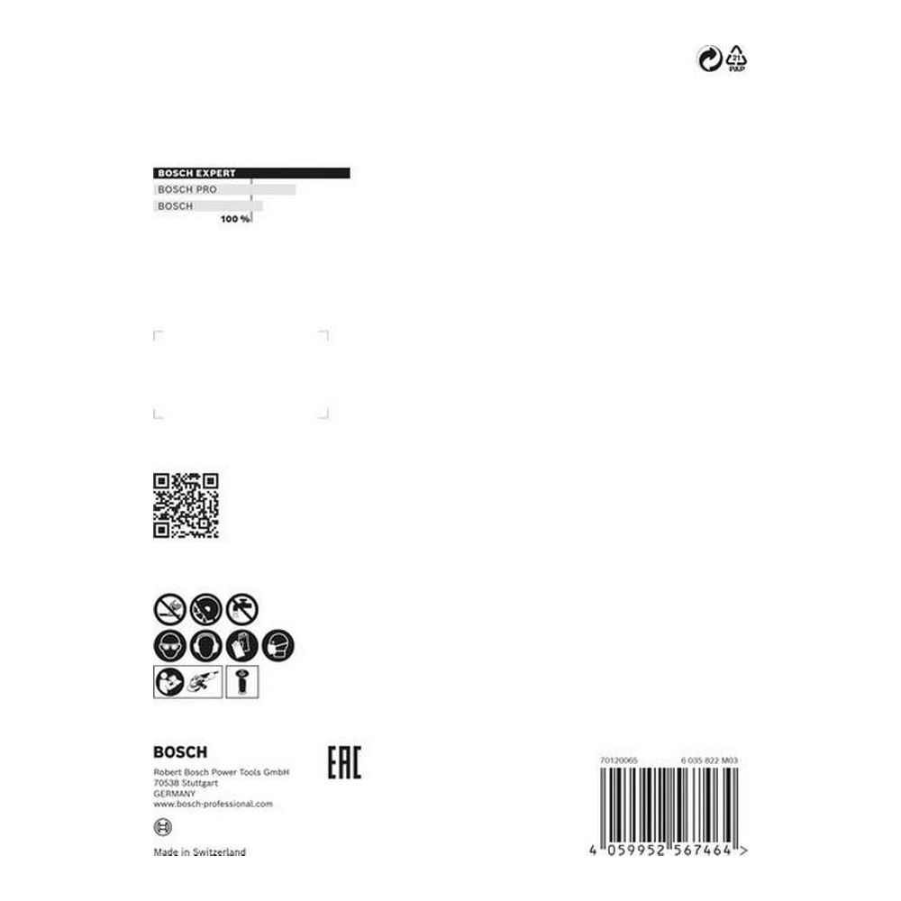 Bosch logosu, QR kodu, güvenlik sembolleri, barkod ve ürün bilgileri.