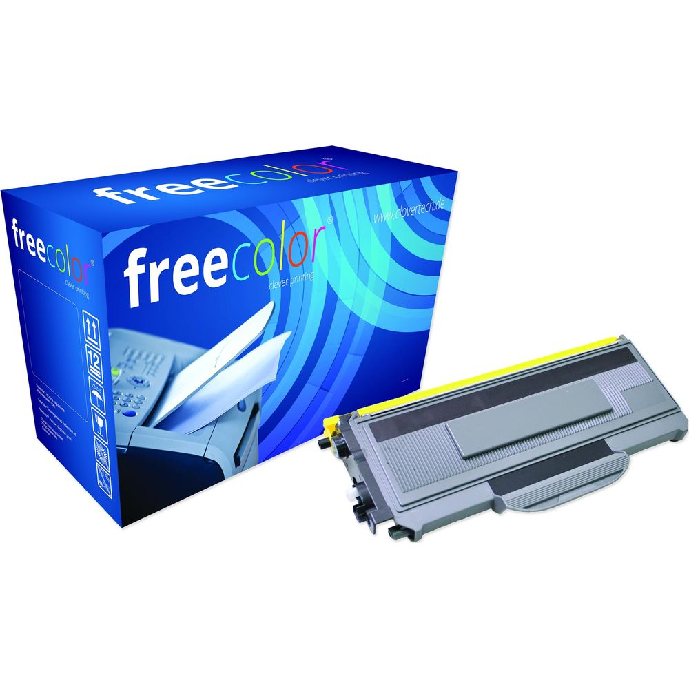 Una cartuccia toner gialla e una scatola blu Freecolor con immagine stampante.
