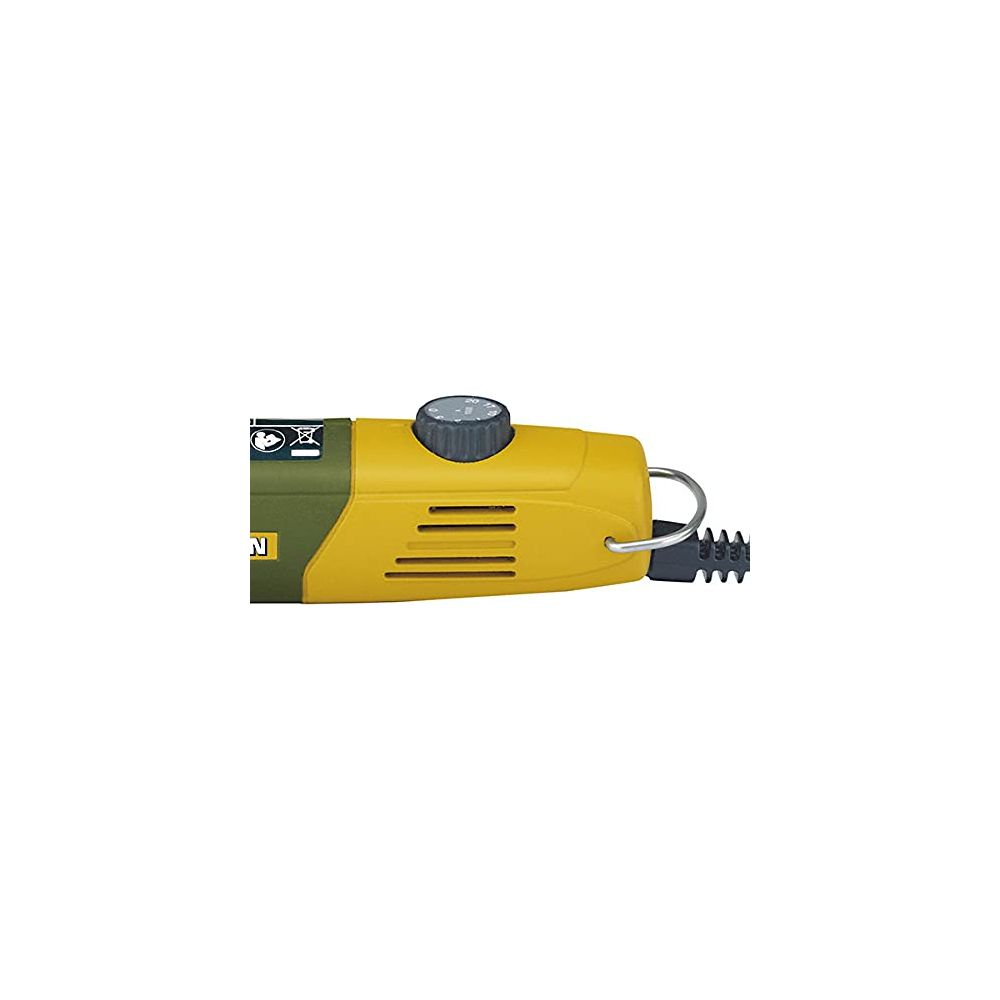 Utensile giallo con quadrante di regolazione grigio e fessure di ventilazione.