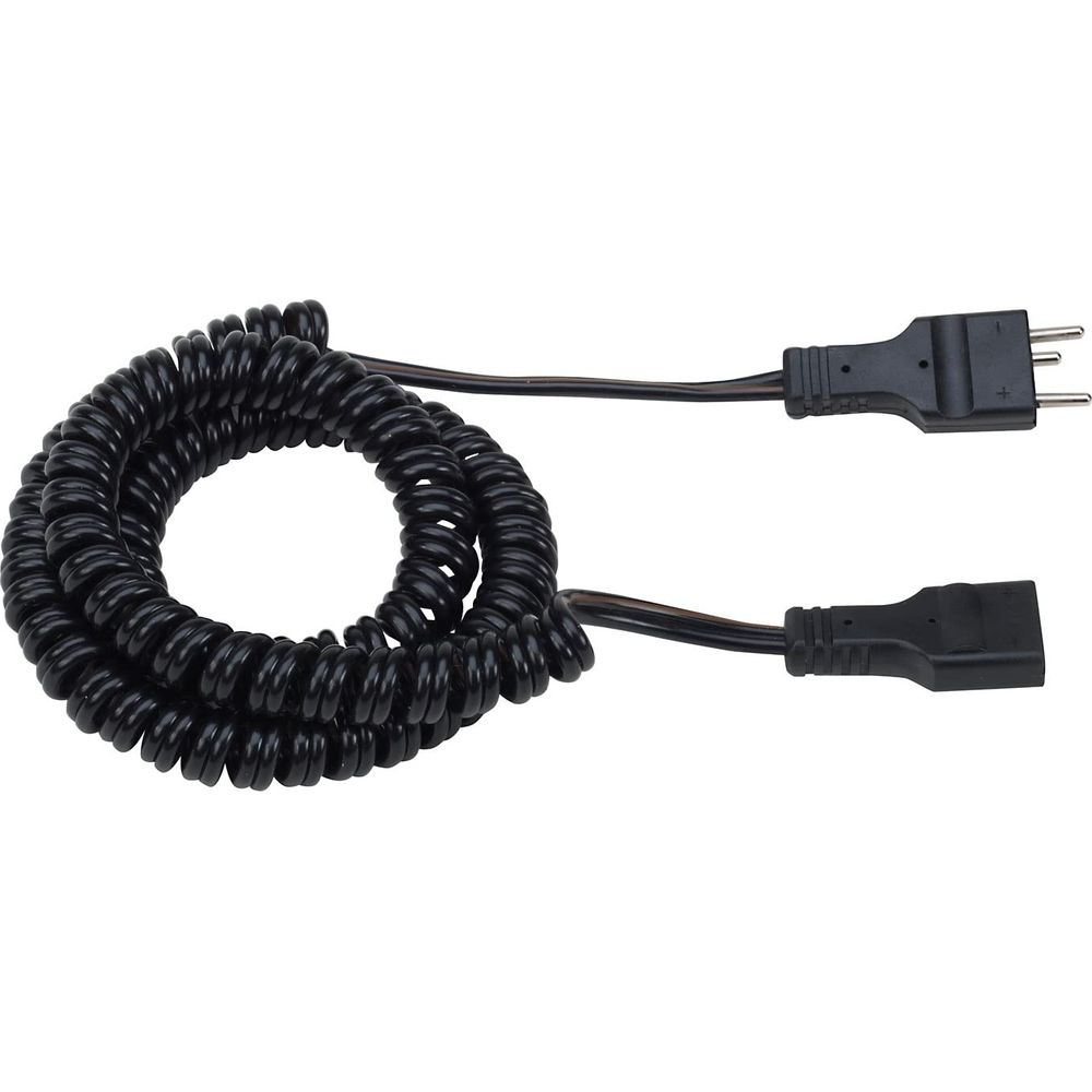 Cavo nero a spirale con due spine nere, una spina ha i pin.