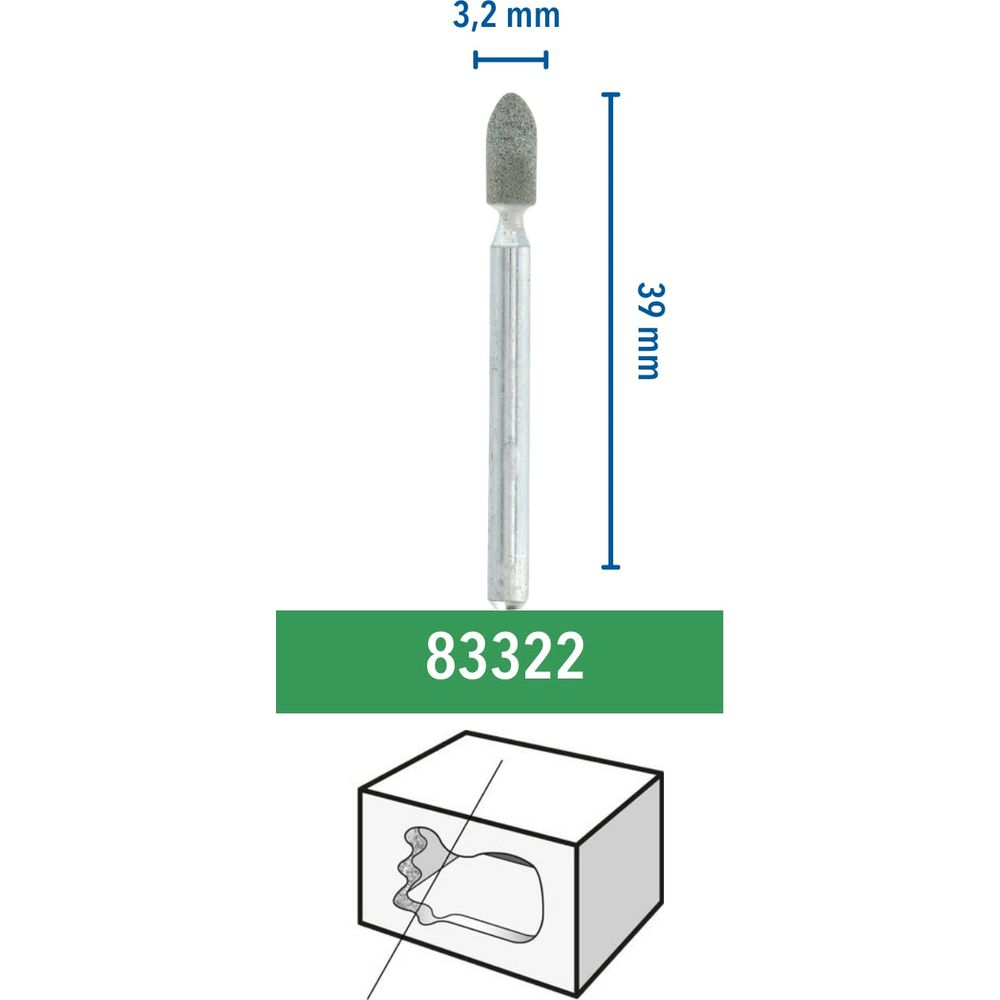 Punta de lijado de 3,2 mm de diámetro y 39 mm de largo, artículo 83322.