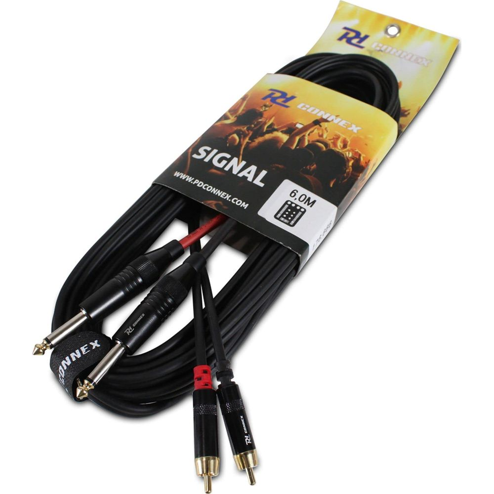Cable de audio negro con dos conectores jack de 6,35 mm y dos conectores RCA.