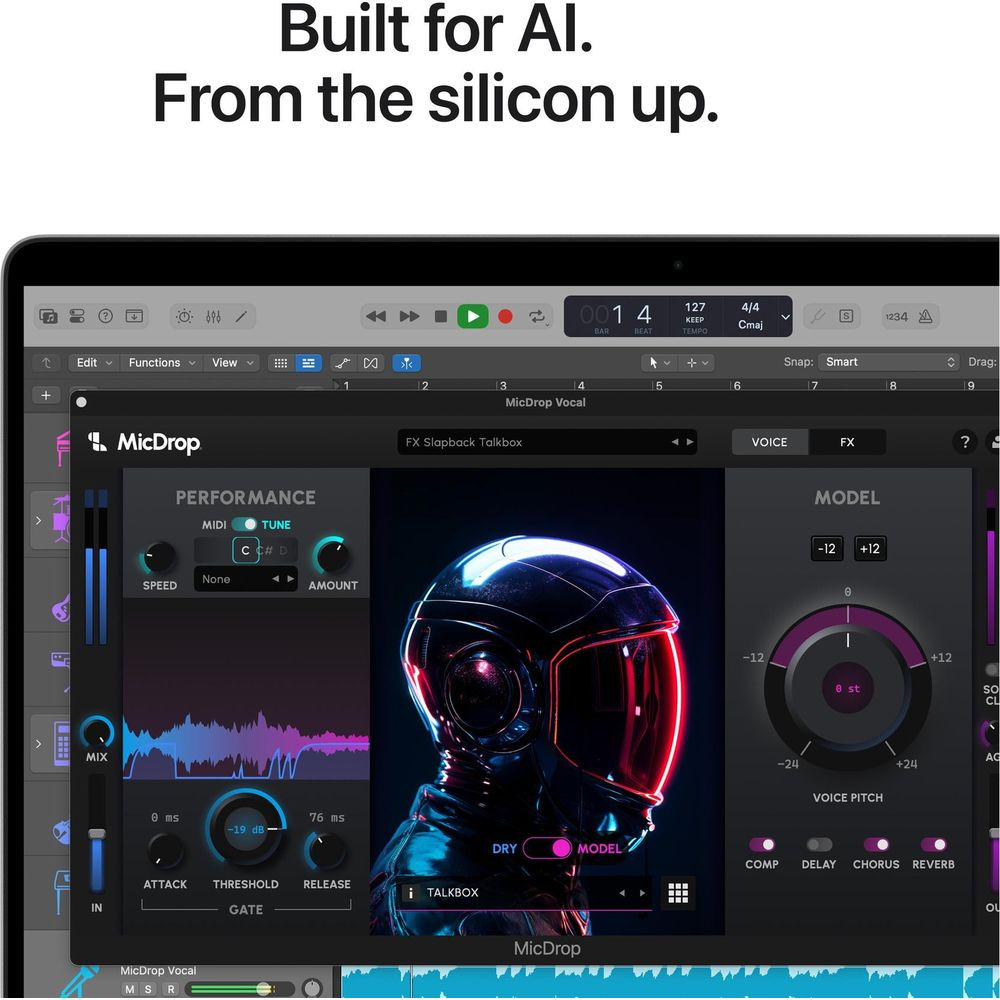 Ein Computer zeigt eine Musiksoftware mit einem stilisierten Helm und Wellenformen.