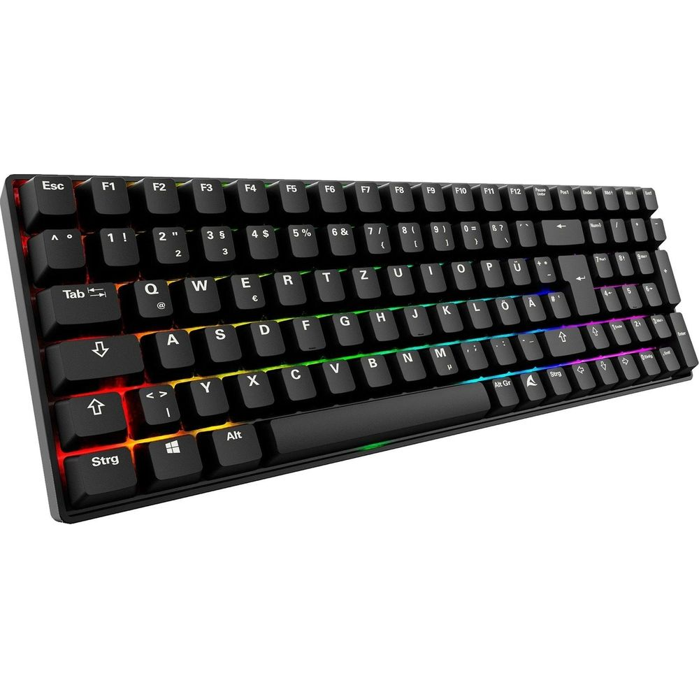 Una tastiera nera con illuminazione RGB colorata sotto i tasti.