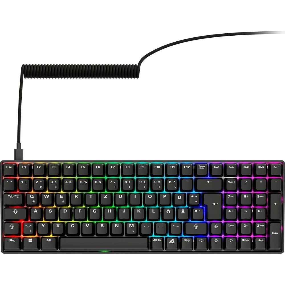 Una tastiera meccanica nera con illuminazione RGB e cavo a spirale.