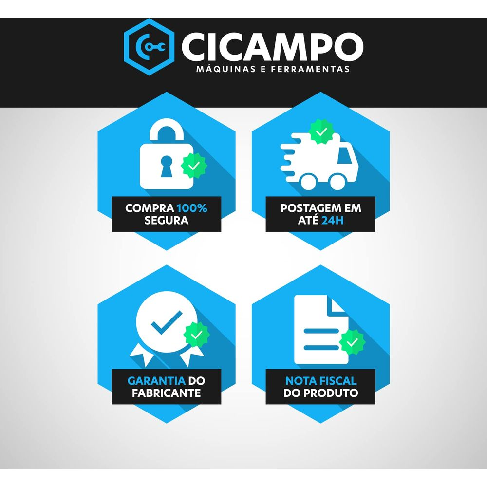 Quattro esagoni blu con icone: lucchetto, camion, medaglia, documento. Logo CICAMPO sopra.