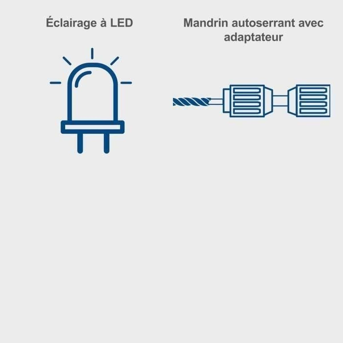Una bombilla LED azul y un portabrocas con adaptador.