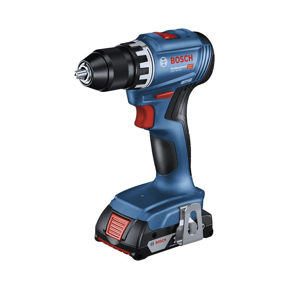 Niebieska wiertarko-wkrętarka akumulatorowa Bosch z czarnym uchwytem i czerwonym spustem.