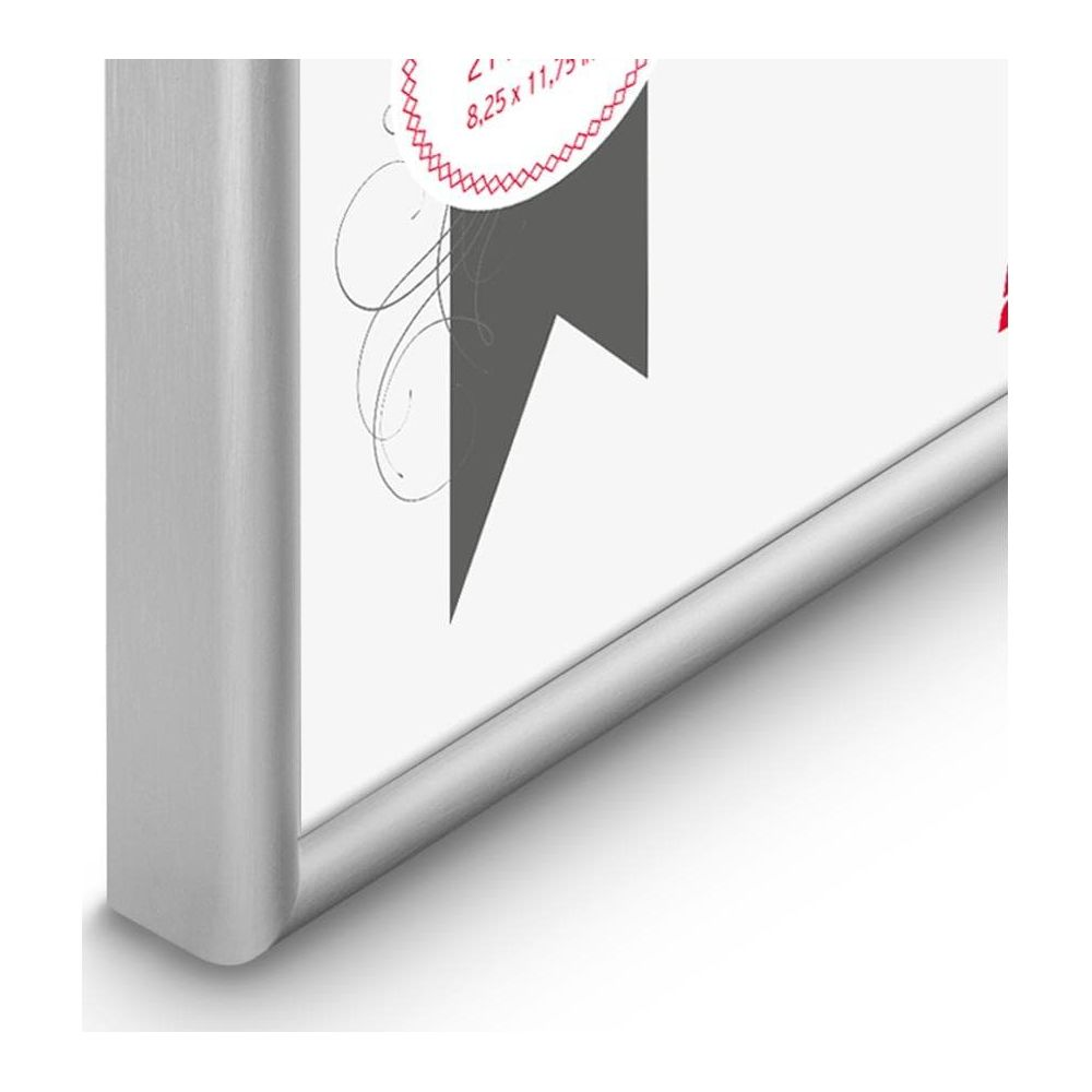 Cornice argentata con sfondo bianco ed elementi grafici.
