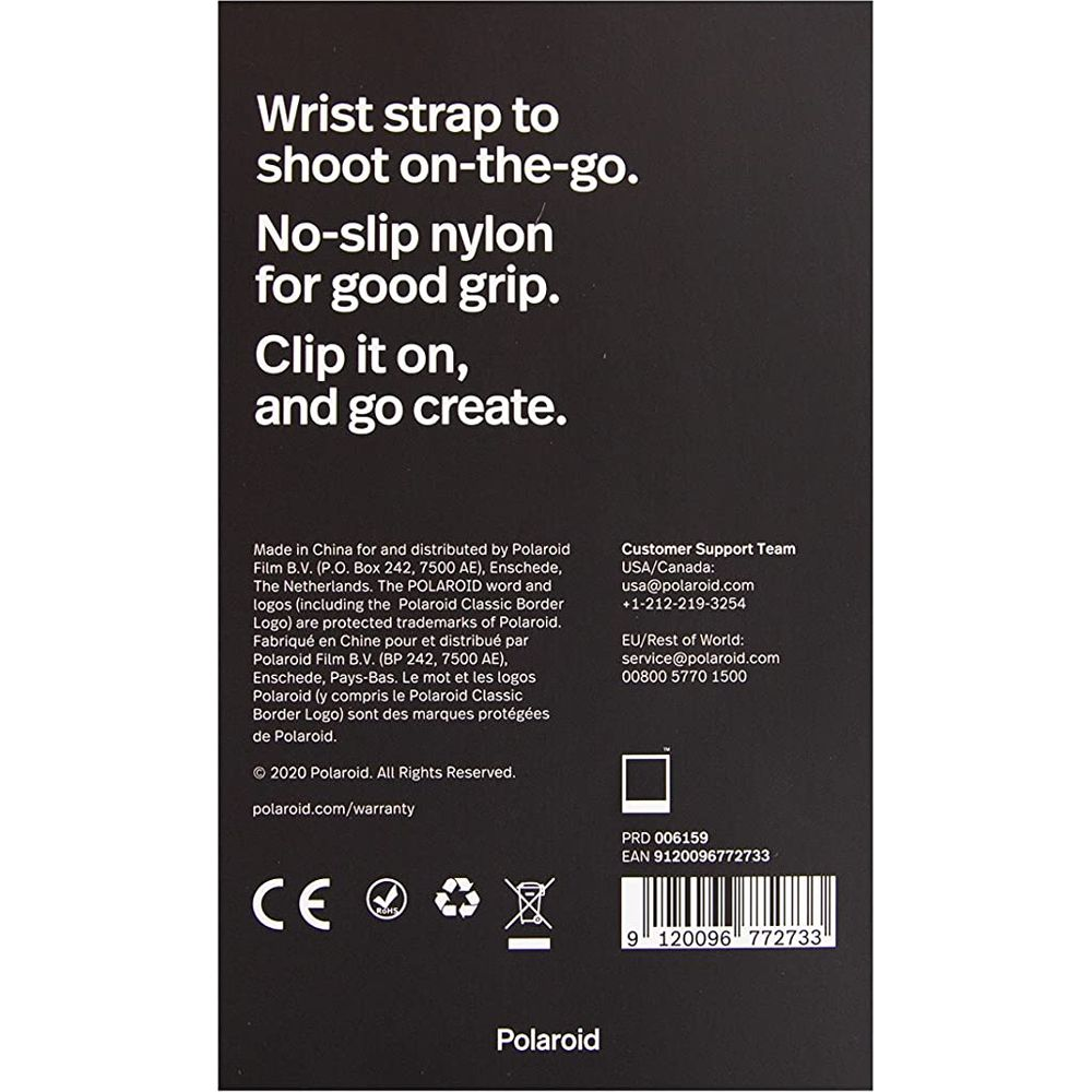 Tekst na czarnym tle dla paska na nadgarstek Polaroid.