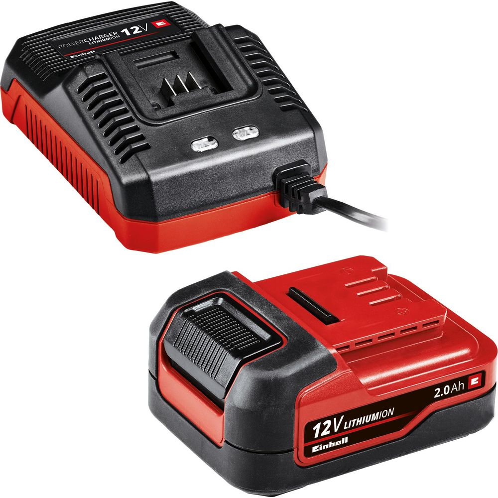 Un chargeur et une batterie 12V lithium-ion rouge et noir.