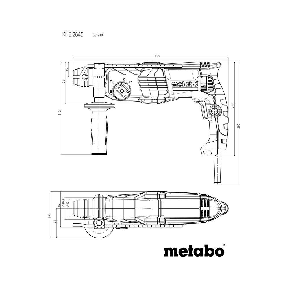Technische Zeichnung eines Bohrhammers von Metabo mit Maßen.
