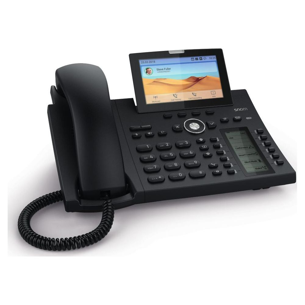 Czarny telefon biurkowy z ekranem wyświetlającym Steve'a Fullera.