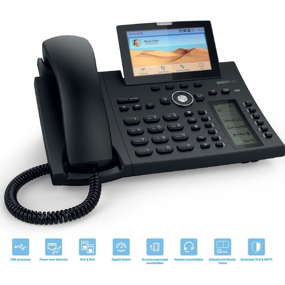 Czarny telefon biurkowy z kolorowym wyświetlaczem i klawiaturą. Ikony funkcji na dole.