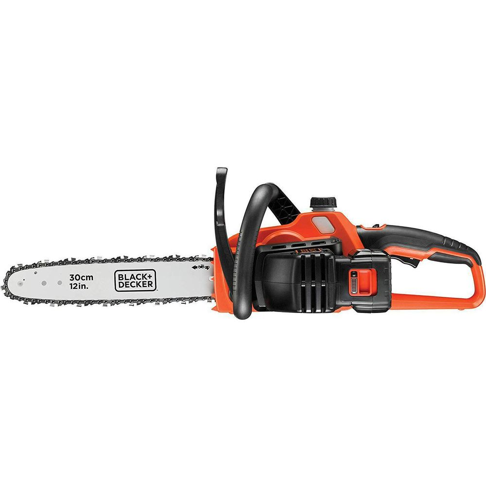 Eine orange-schwarze Kettensäge mit 30cm/12in Schwert.
