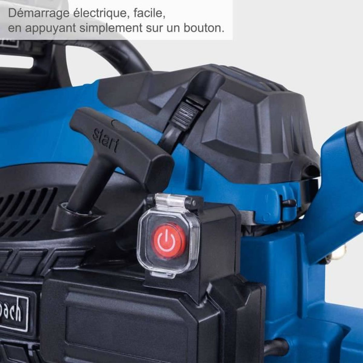 Een blauw elektrisch gereedschap met starthendel en rode aan/uit-knop.
