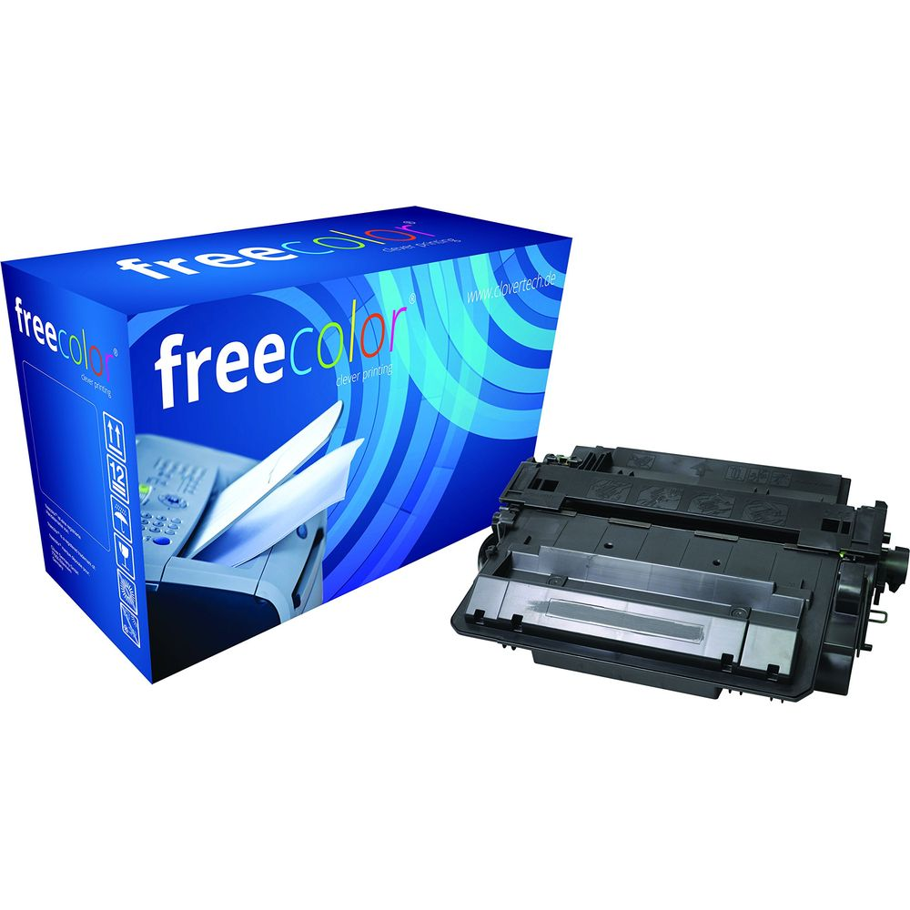 Una cartuccia stampante nera accanto a una scatola blu con logo "freecolor".
