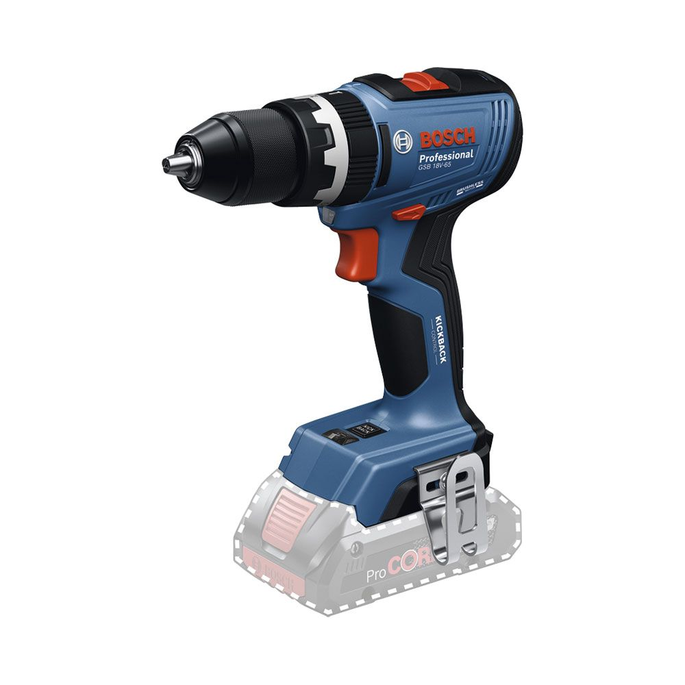 Perceuse sans fil Bosch bleue avec mandrin métallique et touches orange.