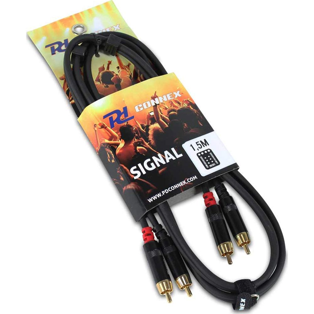 Un cable de audio negro con conectores rojos y puntas doradas.